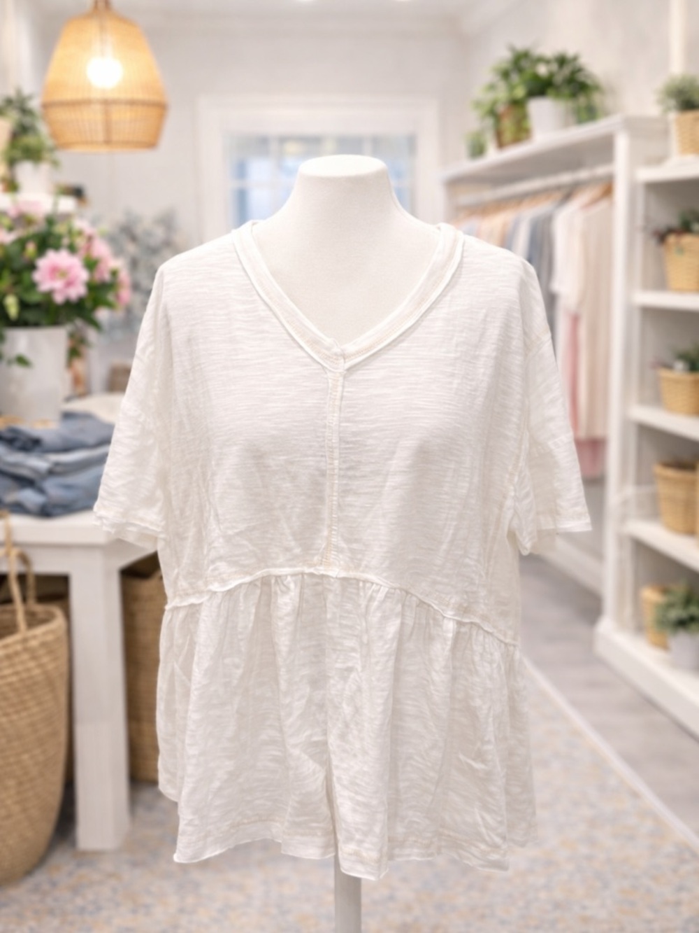 White Birch White Babydoll Top 1X Oversized Cotton Raw Seam Boho Flowy Top